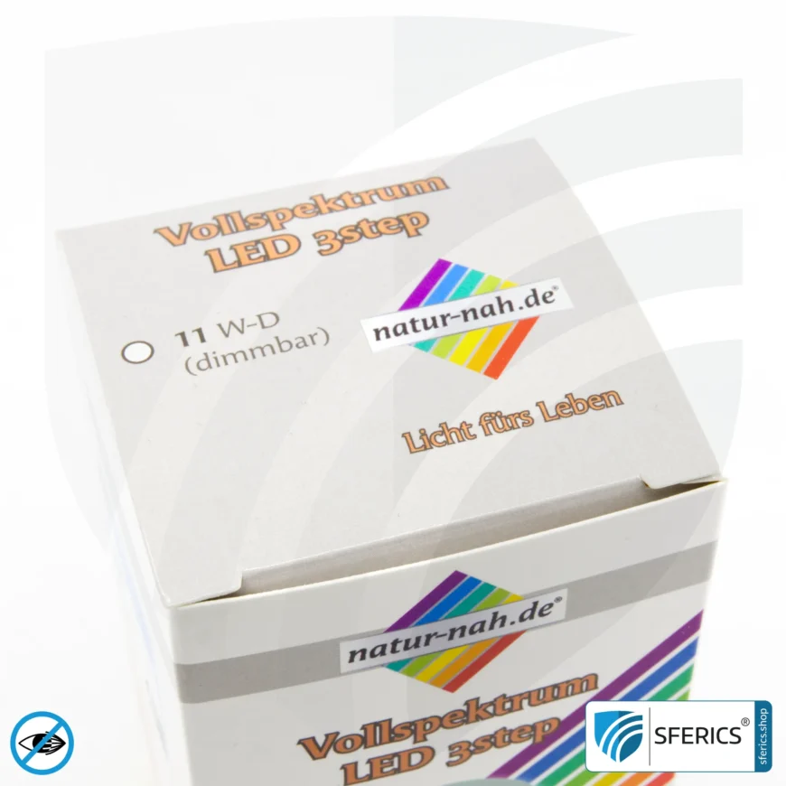 11 watt LED full spectrum 3step | dimming without dimmer: bright like 100 watts (100%), 50% or 15%, 1000 lumens | CRI 95 | flickerfree | daylight | E27 | business quality