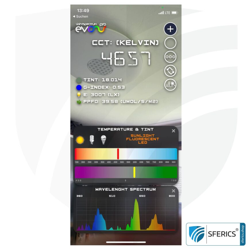 Lightspectrum Pro EVO for iPhone and iPad | Measurement of the light spectrum | Color temperature (Kelvin) and wavelengths, CRI, Lux, and much more.