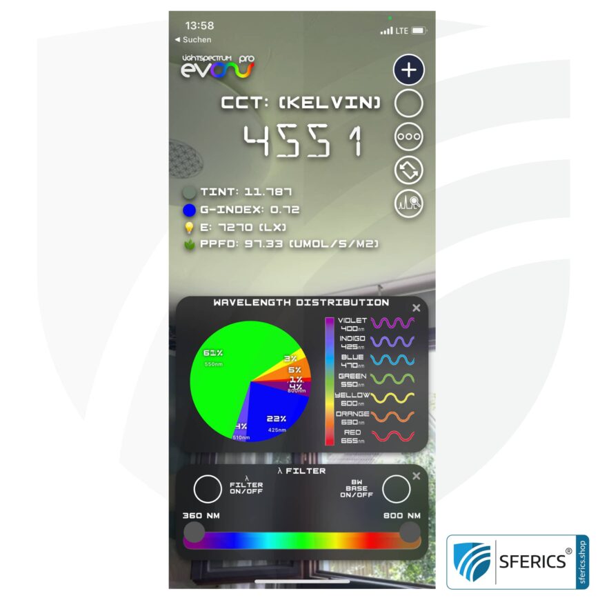 Lightspectrum Pro EVO for iPhone and iPad | Measurement of the light spectrum | Color temperature (Kelvin) and wavelengths, CRI, Lux, and much more.