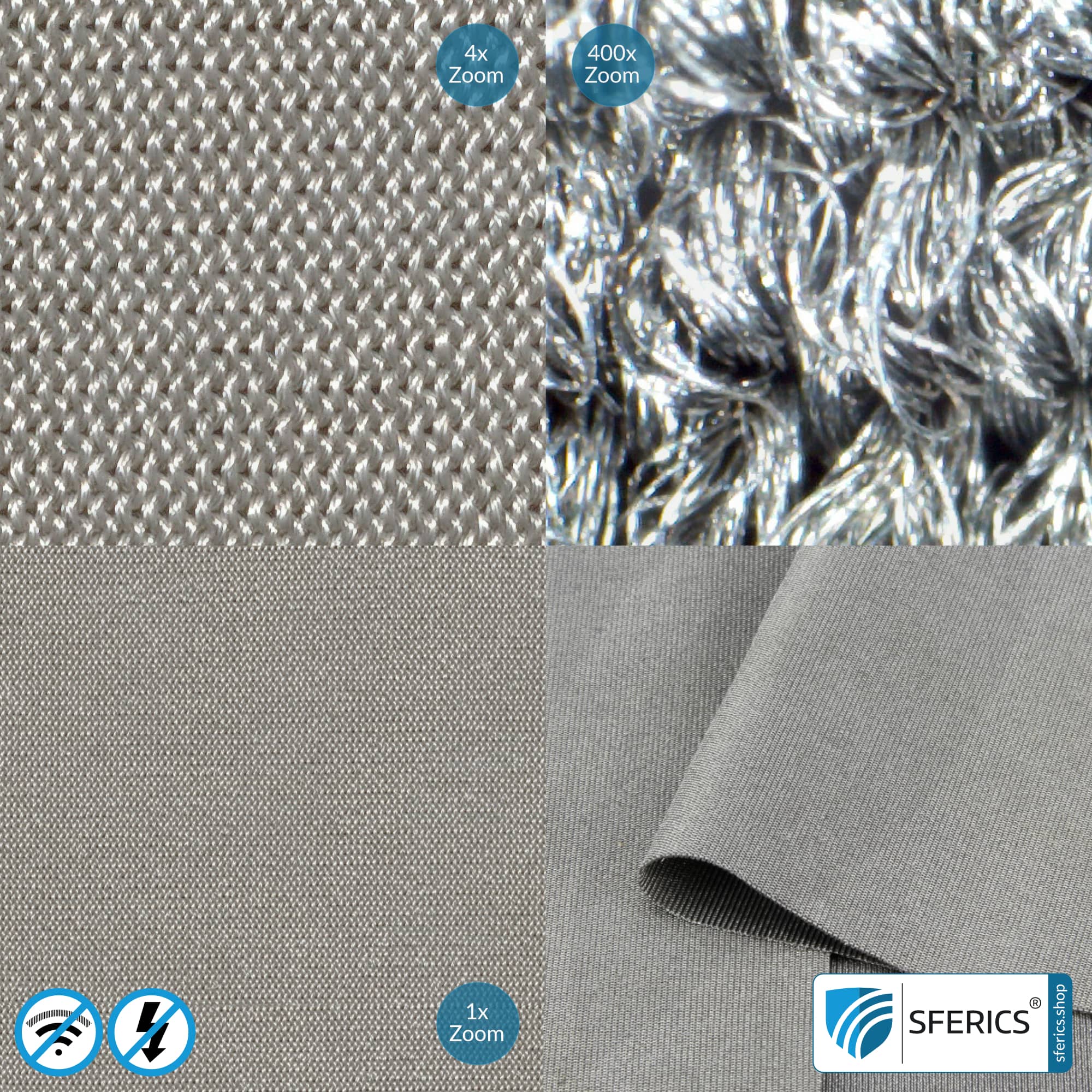 SILVER ELASTIC shielding fabric | ideal for production of clothing | RF screening attenuation against electrosmog up to 51 dB | TÜV-SÜD quality tested. Effective against 5G!