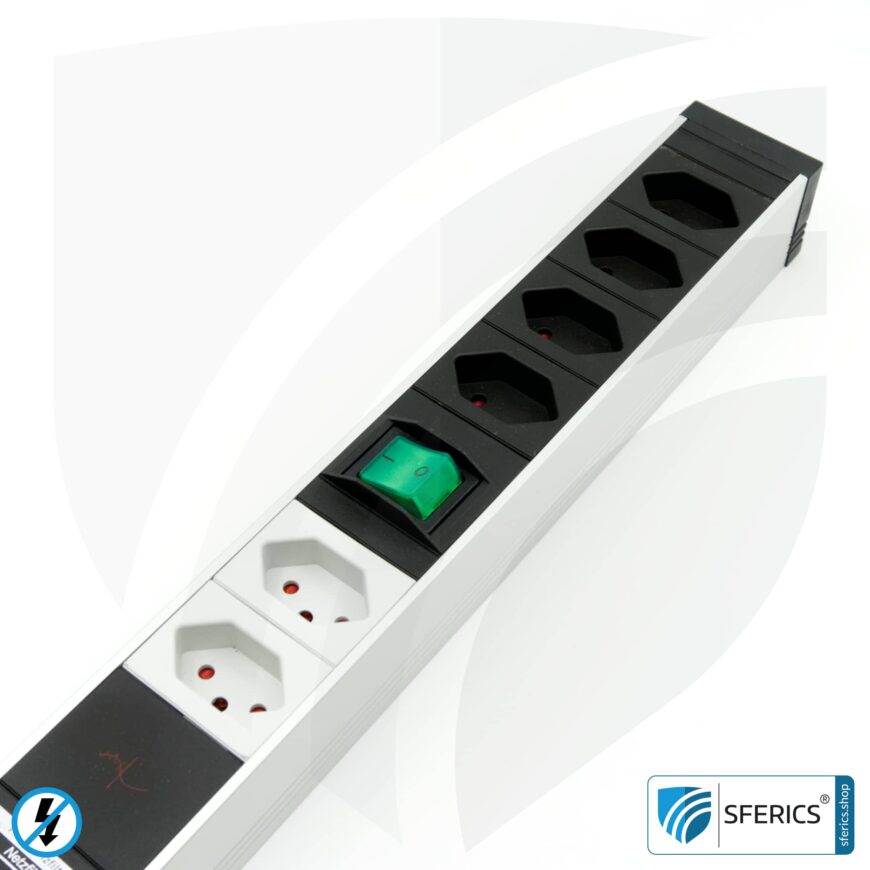 PC socket strip 6-way (4+2), shielded LF | with on/off switch, overvoltage protection and full protection HF filter system up to 80 MHz | Type J (Switzerland /LI)