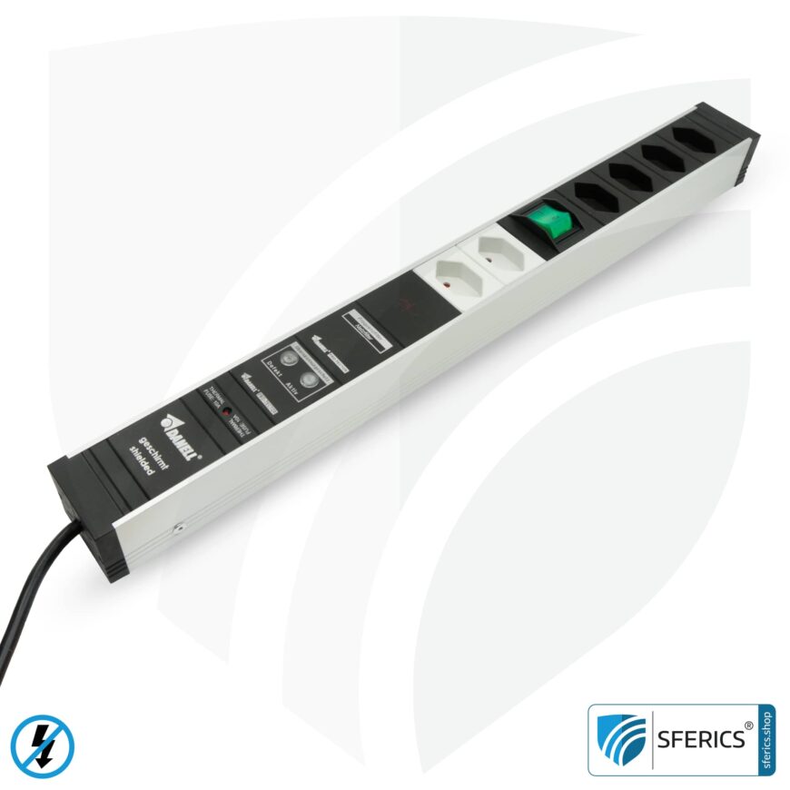 PC socket strip 6-way (4+2), shielded LF | with on/off switch, overvoltage protection and full protection HF filter system up to 80 MHz | Type J (Switzerland /LI)
