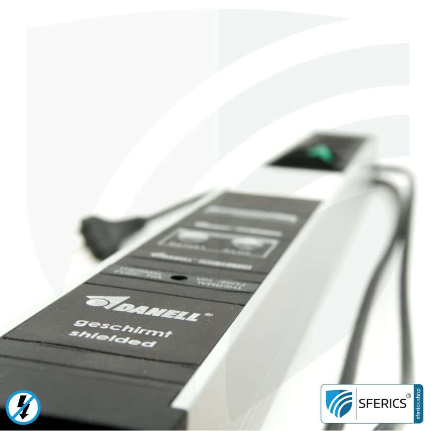 PC socket strip 6-way (4+2), shielded LF | with on/off switch, overvoltage protection and full protection HF filter system up to 80 MHz | Type J (Switzerland /LI)