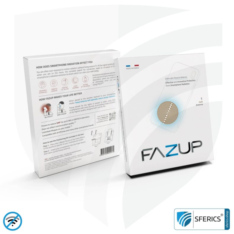 FAZUP antenna patch | edition GOLD | ferrite core for the wired headset included | innovative technology against electrosmog | protects against unnecessarily high radiation from your own mobile phone