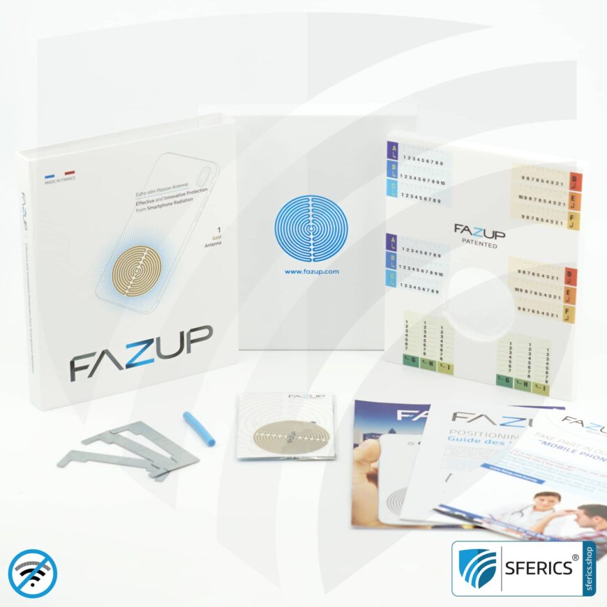 FAZUP antenna patch | edition GOLD | ferrite core for the wired headset included | innovative technology against electrosmog | protects against unnecessarily high radiation from your own mobile phone