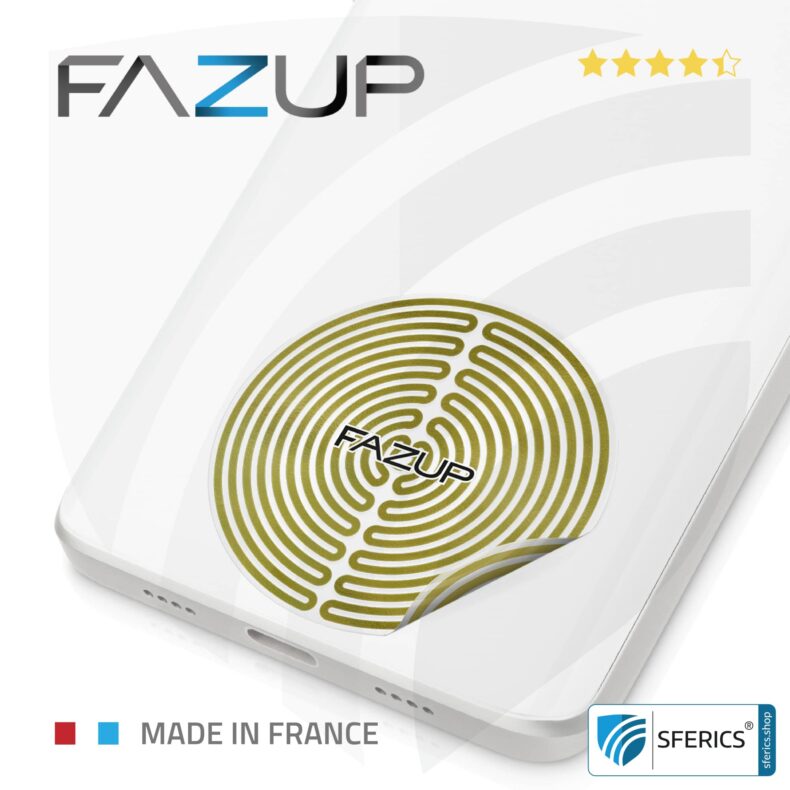 FAZUP antenna patch | edition GOLD | ferrite core for the wired headset included | innovative technology against electrosmog | protects against unnecessarily high radiation from your own mobile phone