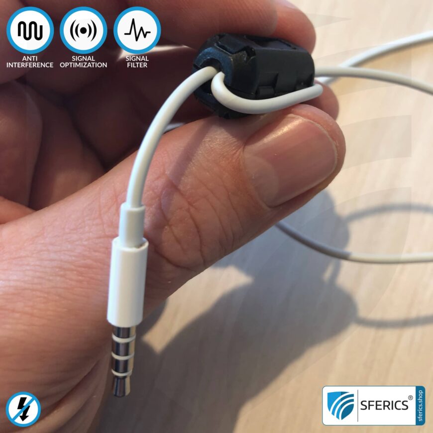 Ferrite core filter against electrosmog in the headset cable | black, clickable, for 5mm cable | FREE 1 piece as a gift!
