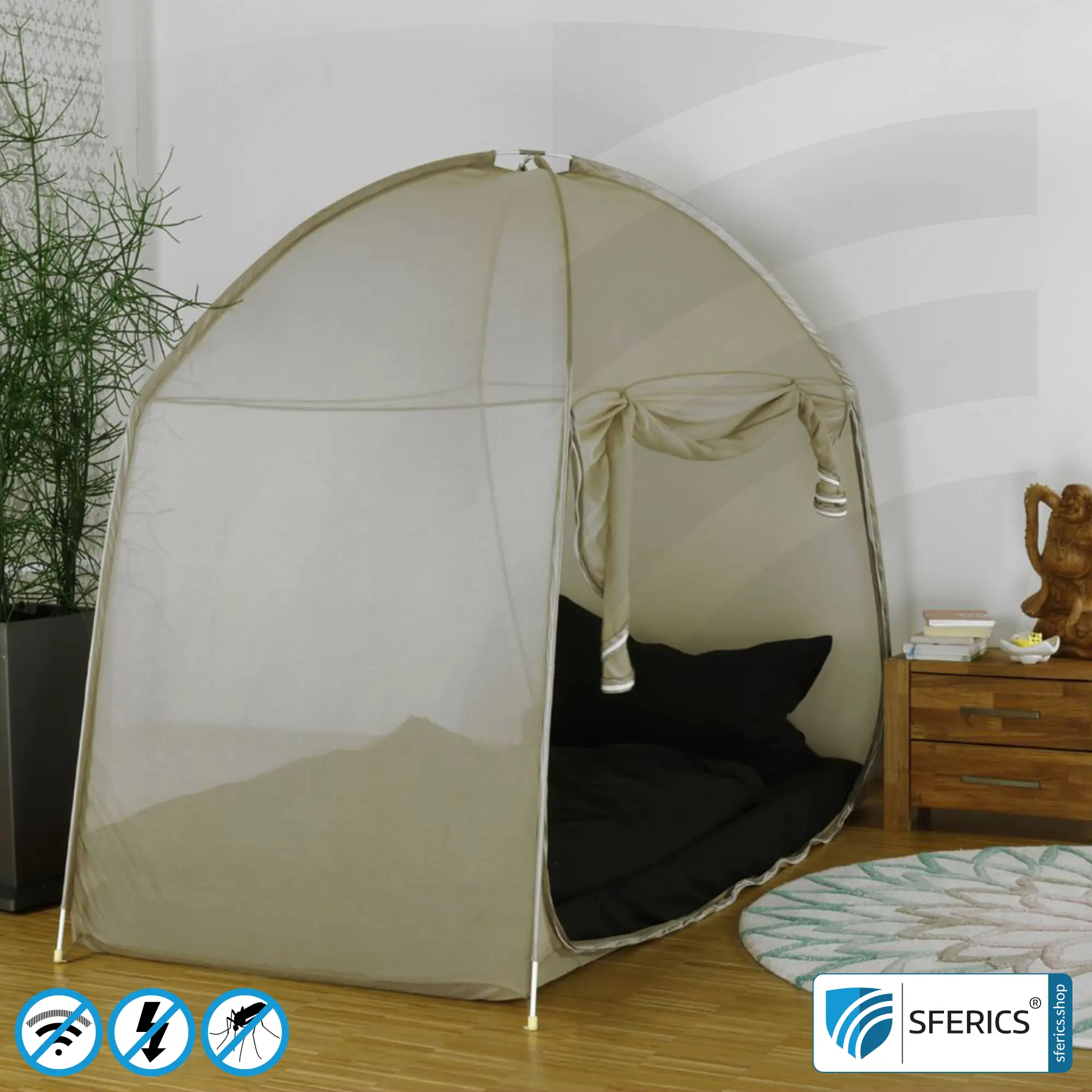 Shielding Tent SAFECAVE Single | anti electrosmog full protection | mobile radiation protection against WIFI, cell phone, LTE, 5G, ... with efficiency over 99.99% (42 dB) | free-standing, without ceiling suspension | groundable LF