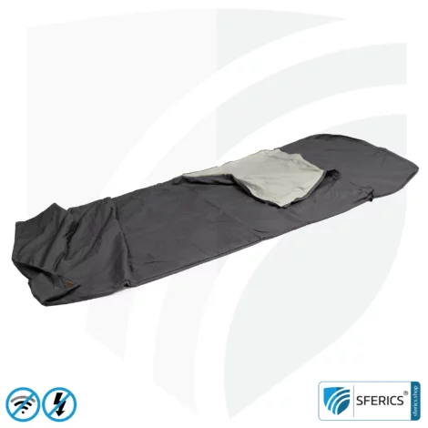 Shielding sleeping bag Electrosmog PRO | mobile radiation protection against WIFI, cell phone, LTE, 5G, ... with efficiency over 99.99% (42 dB) | free-standing, without ceiling suspension | LF groundable