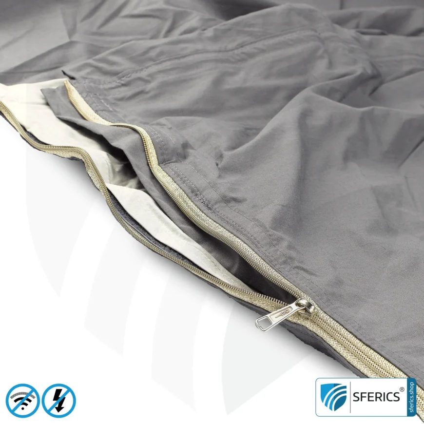 Shielding sleeping bag Electrosmog PRO | mobile radiation protection against WIFI, cell phone, LTE, 5G, ... with efficiency over 99.99% (42 dB) | free-standing, without ceiling suspension | LF groundable