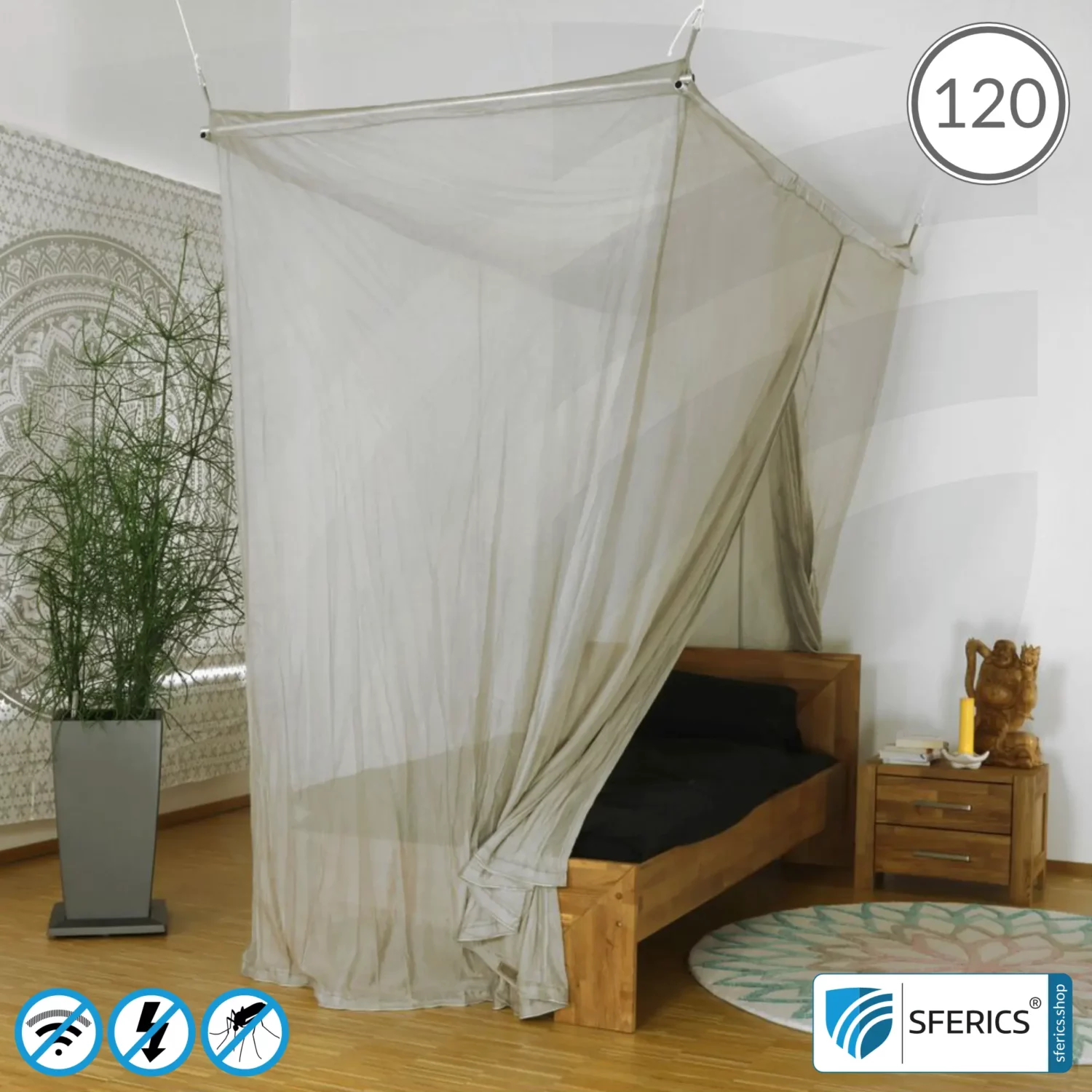 Shielding canopy Electrosmog PRO | QUEENSIZE BED, 120CM | Shielding RF radiation over 99.99% (48 dB). Groundable. Effective against 5G!
