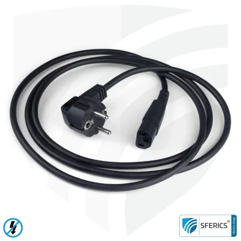 Shielded IEC cable with C13 plug | black | 2 meters | Cold device connection cable for shielding electrical and magnetic alternating fields LF
