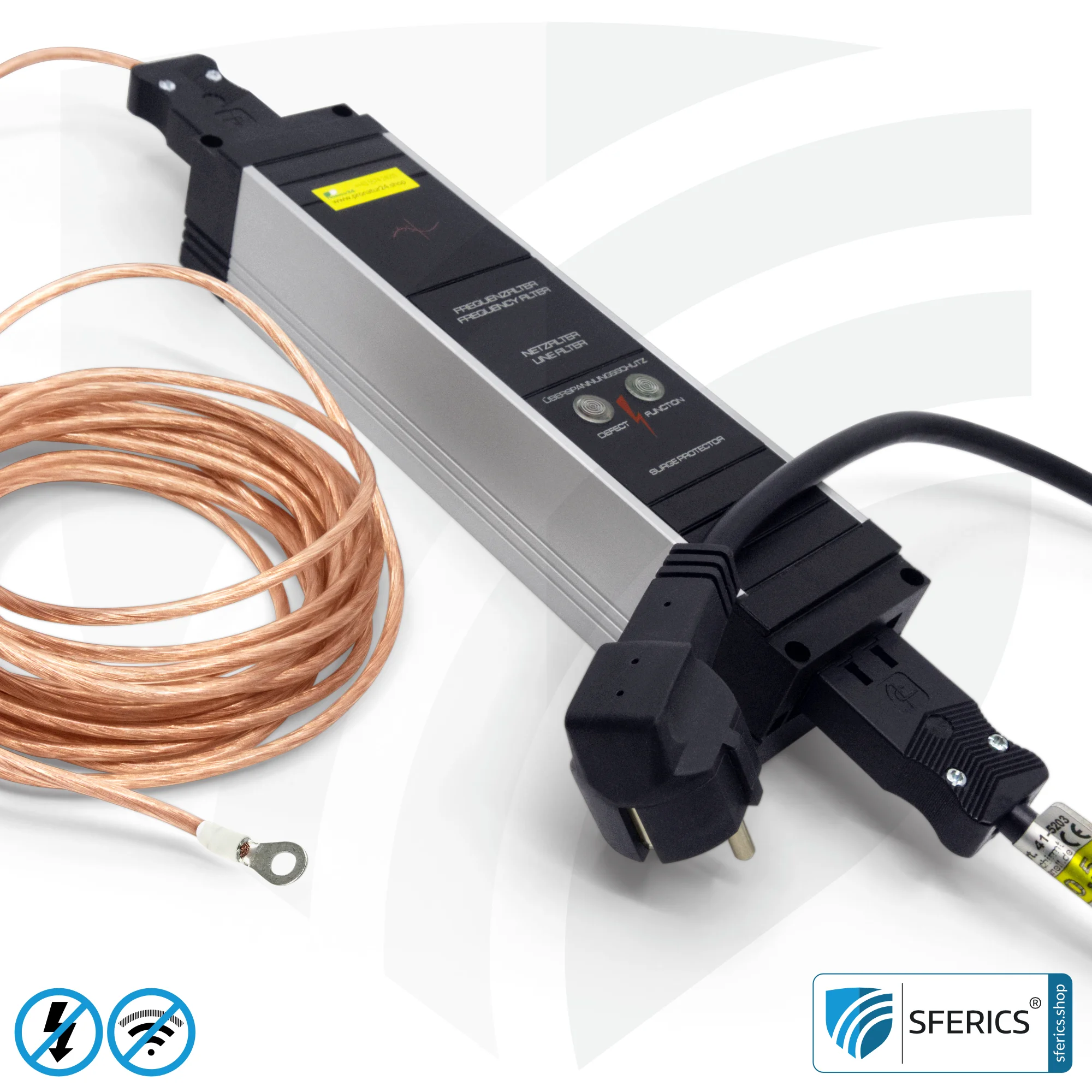 Powerline filter for groundable canopy, tent and sleeping bag | shielding range from 2 to 68 MHz | attenuation of Powerline (PLC / DLAN) frequencies from the grounding cable. Feedimage.