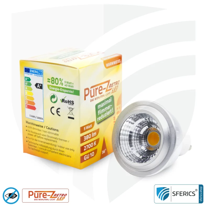 5 watt LED spot Pure-Z-Retro | bright as 40 watts, 380 lumens | CRI over 90 | flicker-free | warm white | GU10