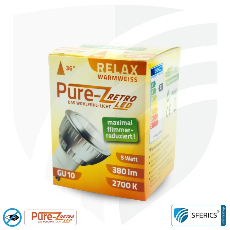 5 watt LED spot Pure-Z-Retro | bright as 40 watts, 380 lumens | CRI over 90 | flicker-free | warm white | GU10