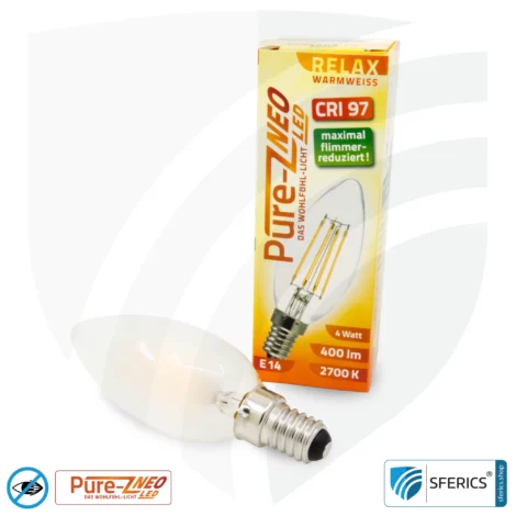 4 watt LED filament candle Pure-Z NEO | bright as 38 watts, 400 lumens | CRI 97 | flicker-free | warm white | E14 | frosted