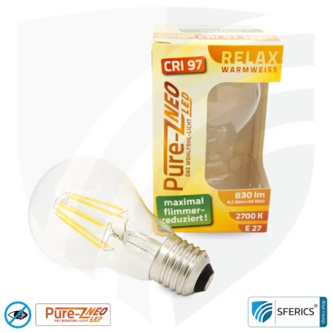 8.2 watt LED filament Pure-Z NEO | bright as 66 watts, 830 lumens | CRI 97 | flicker-free | warm white | E27 | clear