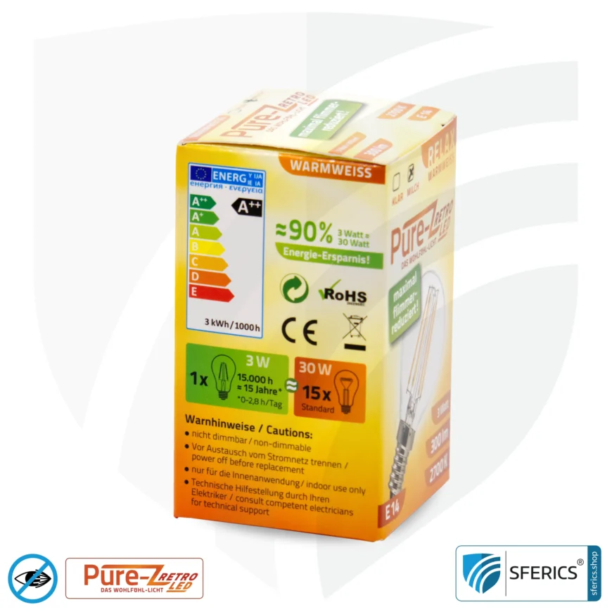 3 watt LED filament Pure-Z Retro | bright as 30 watts, 300 lumens | CRI über 90 | flicker-free | warm white | E14