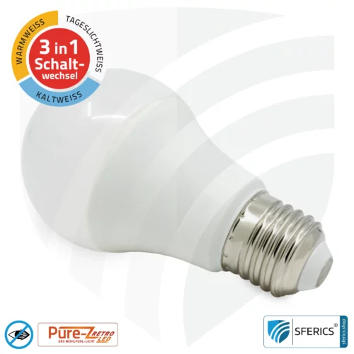 9 watt LED TRICOLOR Pure-Z NEO | 3in1 = 3 switchable light colors | bright like 80 watts, 850 lumens | CRI >90 | flicker-free | E27