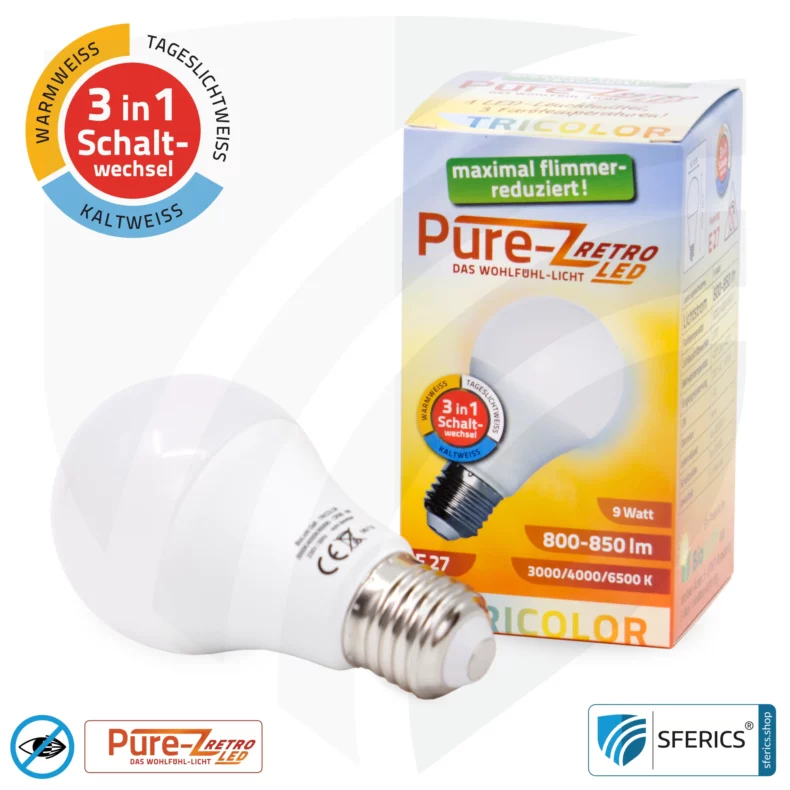 9 watt LED TRICOLOR Pure-Z Retro | 3in1 = 3 switchable light colors | bright like 80 watts, 850 lumens | CRI over 90 | flicker-free | E27