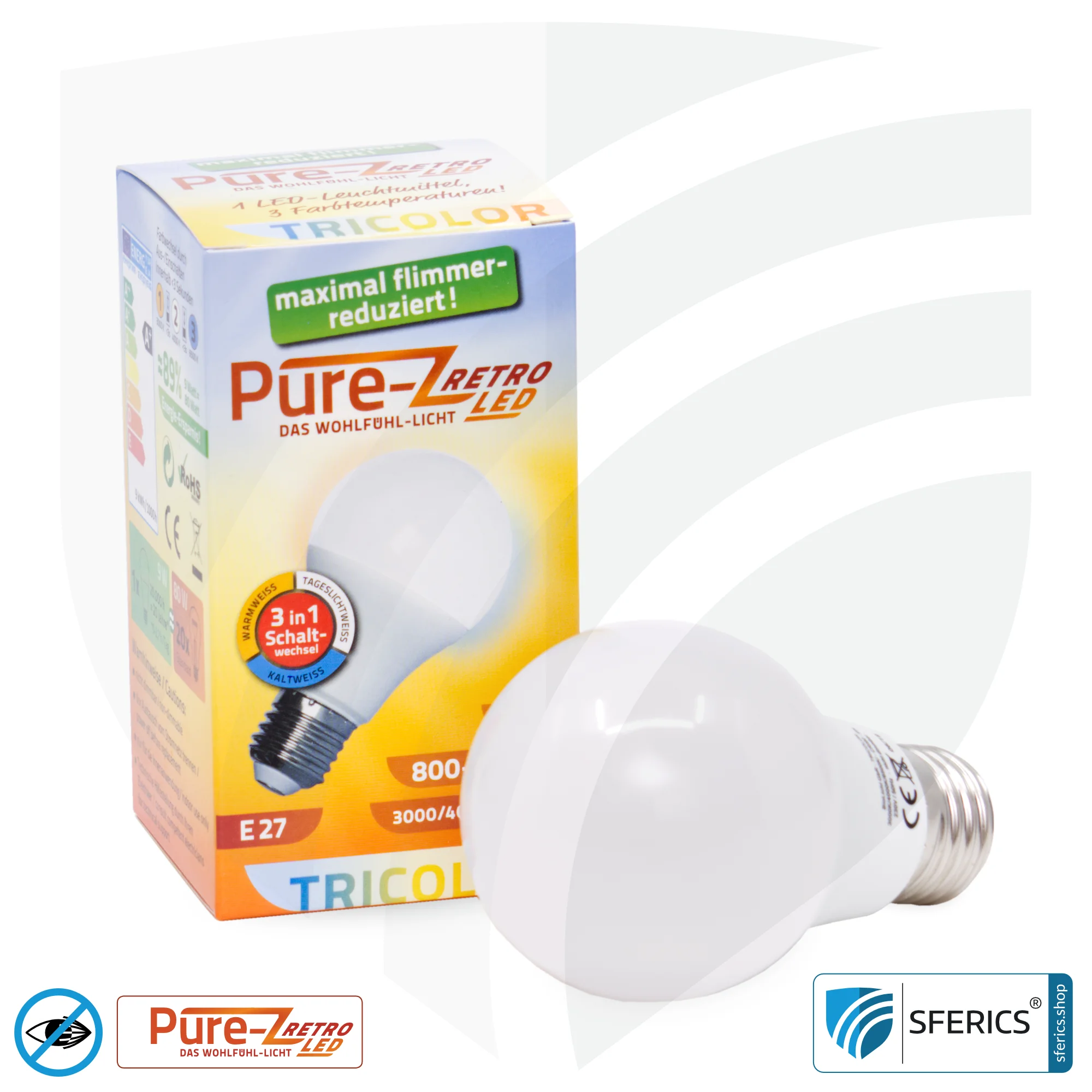 9 watt LED TRICOLOR Pure-Z Retro | 3in1 = 3 switchable light colors | bright like 80 watts, 850 lumens | CRI >90 | flicker-free | E27