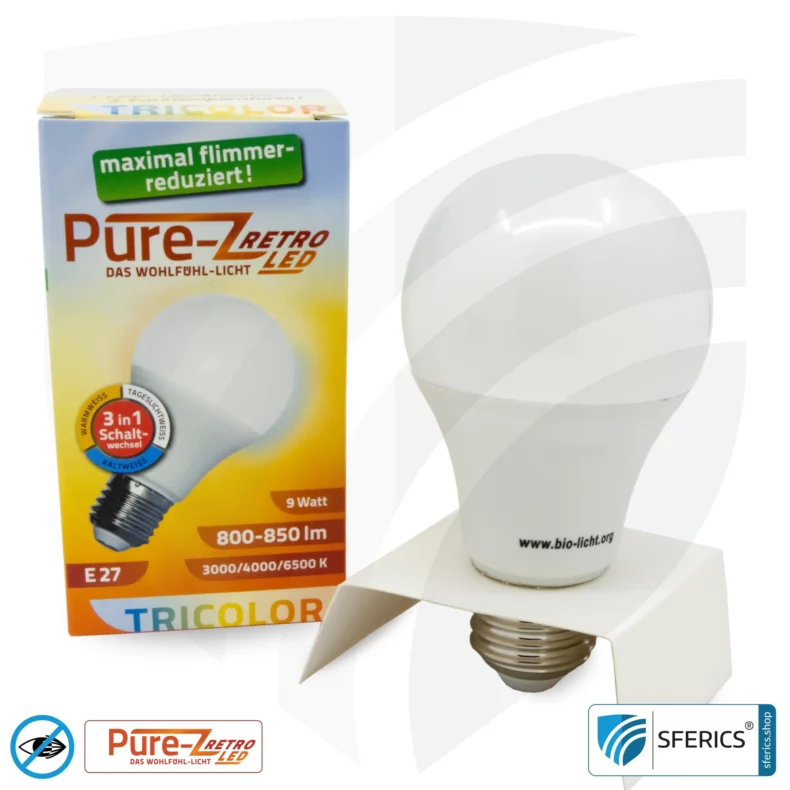 9 watt LED TRICOLOR Pure-Z Retro | 3in1 = 3 switchable light colors | bright like 80 watts, 850 lumens | CRI over 90 | flicker-free | E27