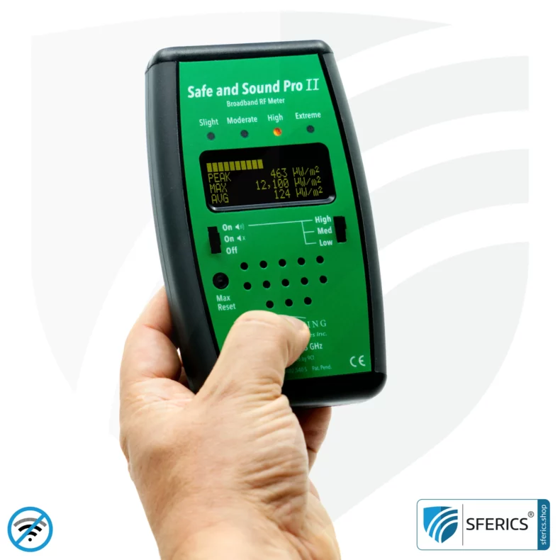 SAFE AND SOUND PRO 2 Electrosmog Detector | Unique measuring range up to 2.500.000 µW/m² | Semi-professional broadband HF measuring device for beginners | Detection of EMF radiation up to 8 GHz, including 5G!