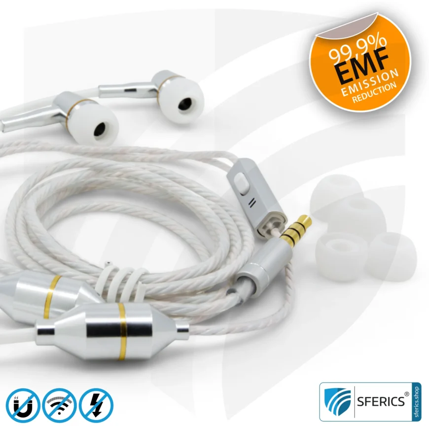 Air Tube In-Ear Stereo Headset with Microphone | Air Tube CLASSIC | radiation-free technology without electrosmog | white-silver | with jack plug