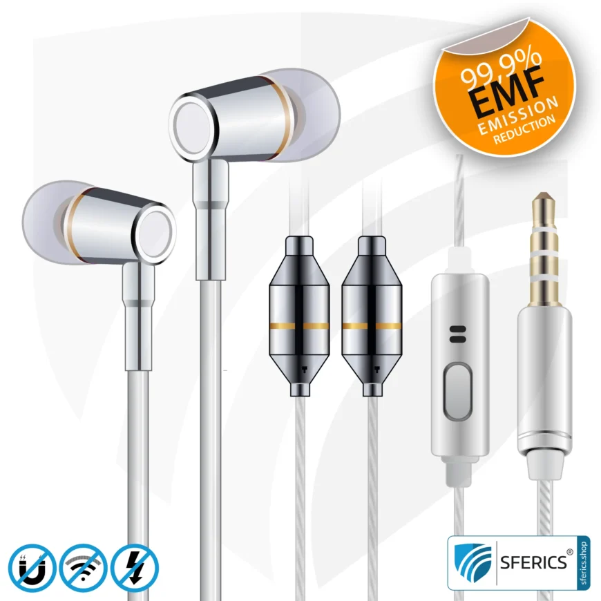 Air Tube In-Ear Stereo Headset with Microphone | Air Tube CLASSIC | radiation-free technology without electrosmog | white-silver | with jack plug