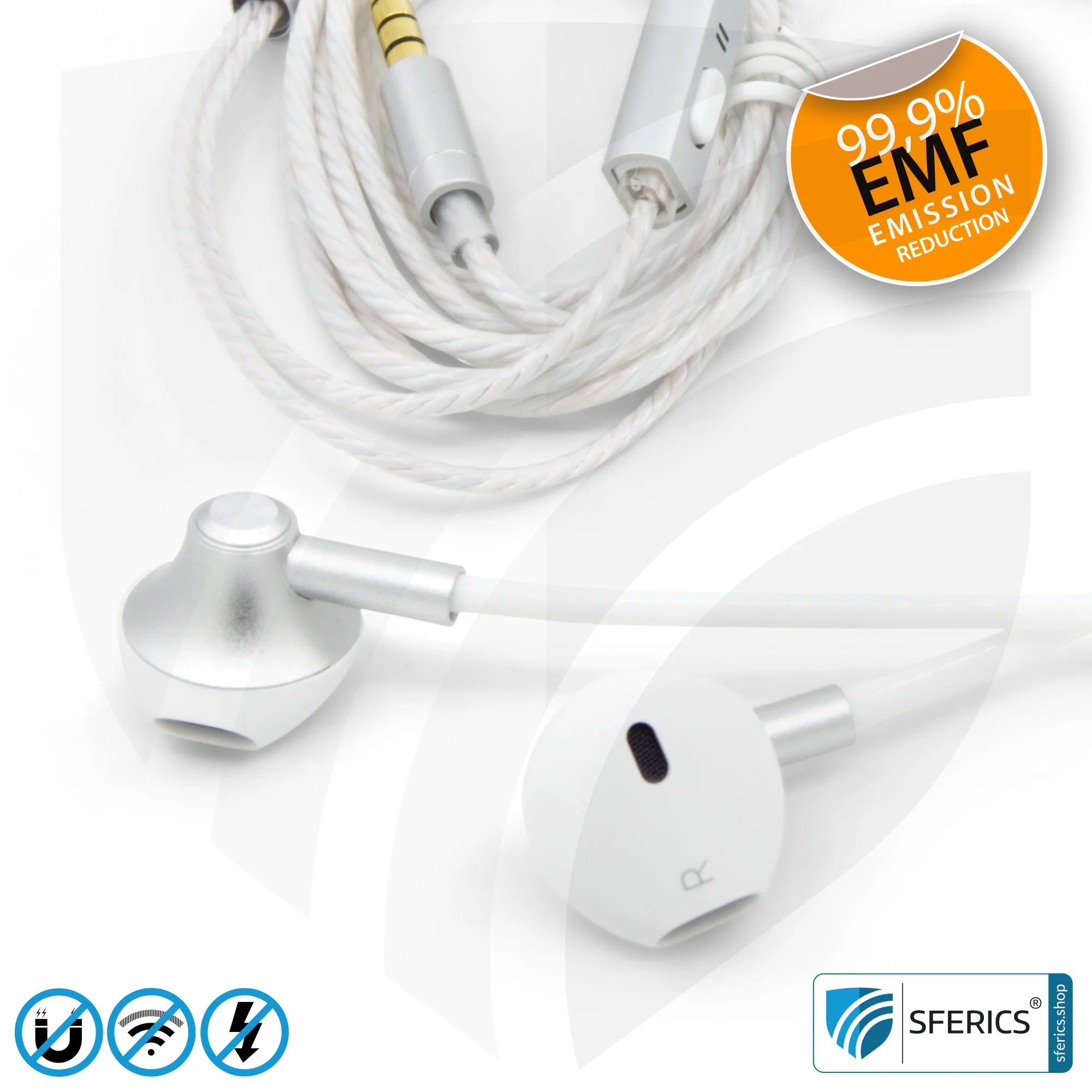 Air Tube Stereo Headset with Microphone | Air Tube MINI | radiation-free technology without electrosmog | white-silver | with jack plug
