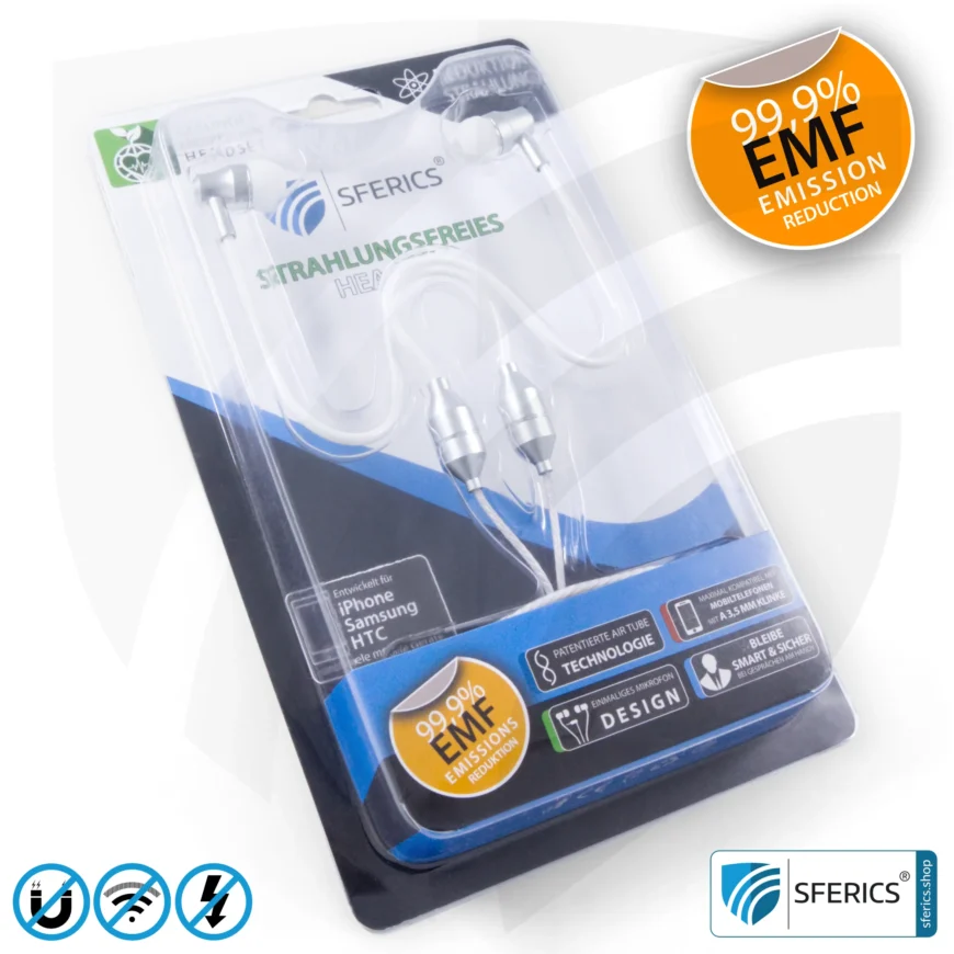 Air Tube In-Ear Stereo Headset with Microphone | Air Tube SMART | radiation-free technology without electrosmog | white-silver | with jack plug