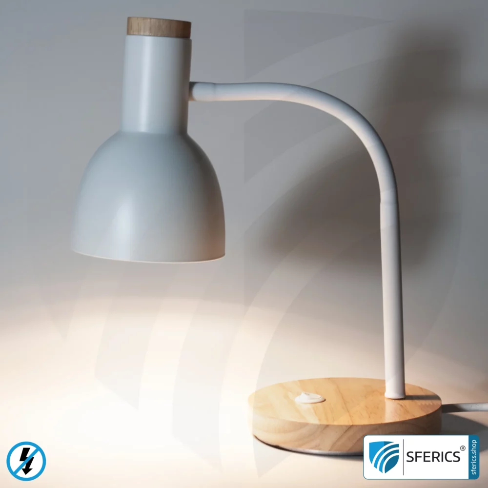 Shielded table lamp BERLIN | powder-coated, white | Gooseneck, rotatable in all directions | Bamboo wooden base | E14 socket + G9 adapter