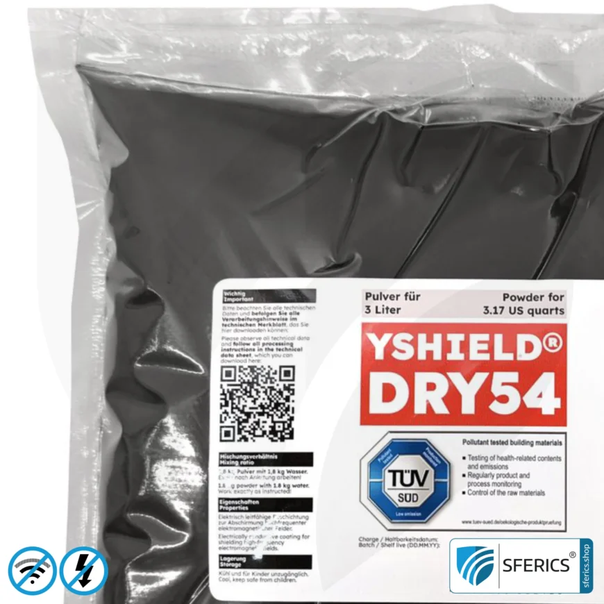 Special shielding paint DRY54 in powder form | RF screening attenuation against electrosmog up to 84 dB at 40 GHz | TÜV SÜD certified | effective for 5G!