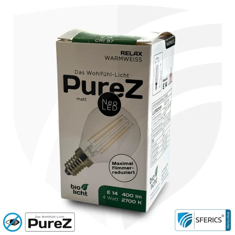 4 Watt LED Filament Pure-Z NEO | Bright as 38 watts, 400 lumens | CRI 97 | flicker-free | warm white | E14