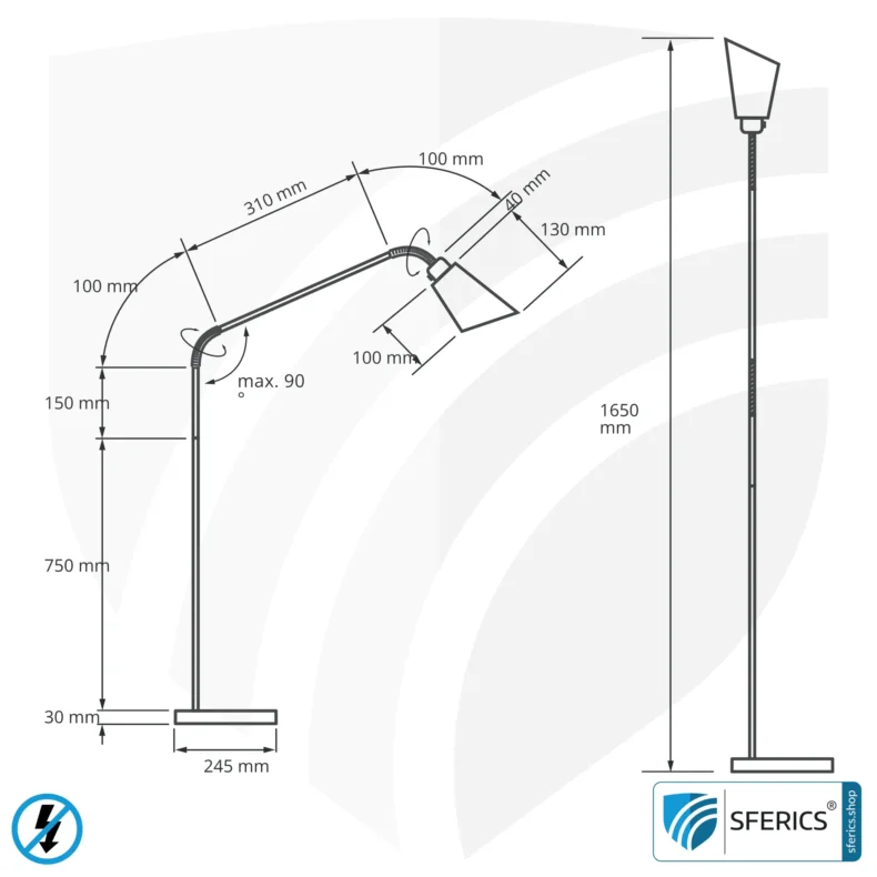 Shielded Floor Lamp AMSTERDAM | silver | modern design with stylish elements in brushed steel + aluminum | flexible joints, rotatable in all directions | G9 socket