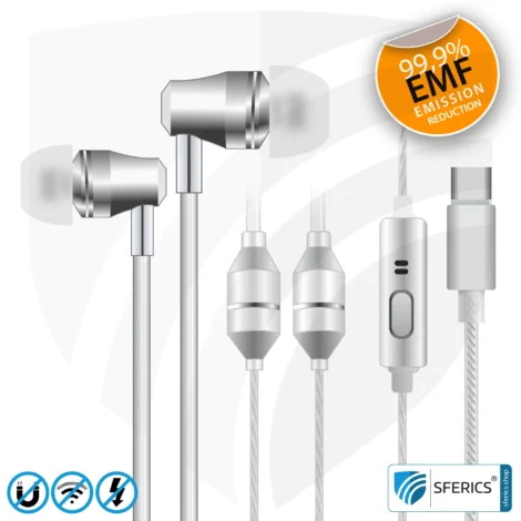 Air Tube In-Ear Stereo Headset with Microphone | AirTube SMART | radiation-free technology without electrosmog | white-silver | with USB C plug for modern devices