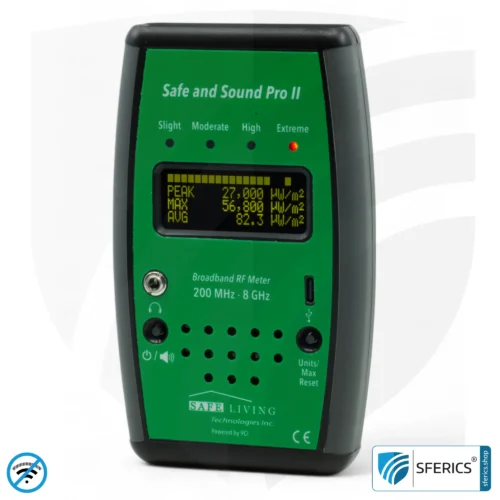 SAFE AND SOUND PRO 2 Electrosmog Detector | Unique measuring range up to 3.180.000 µW/m² | Semi-professional broadband HF measuring device for beginners | Detection of EMF radiation up to 8 GHz, including 5G! | Latest Model 2024