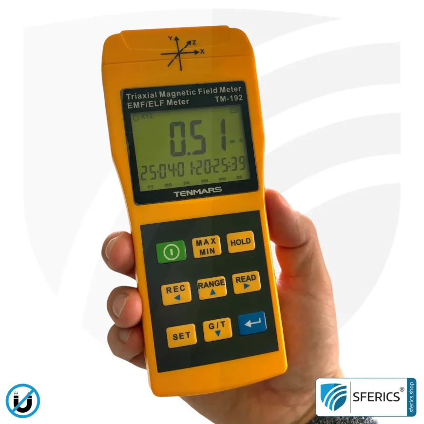 TENMARS TM-192 | Magnetic Field Meter | Triaxial Sensor (X/Y/Z), Frequency Range 30 - 2000 Hz, Display in mG or µT