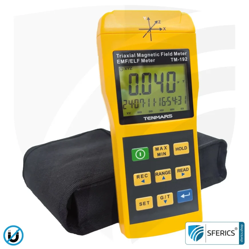 TENMARS TM-192 | Magnetic Field Meter | Triaxial Sensor (X/Y/Z), Frequency Range 30 - 2000 Hz, Display in mG or µT
