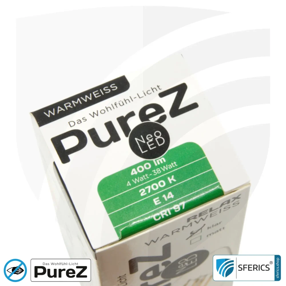 4 watt LED filament candle Pure-Z NEO | bright as 38 watts, 400 lumens | CRI 97 | flicker-free | warm white | E14 | clear