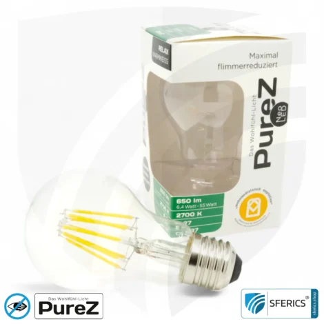 6,4 watt LED filament Pure-Z NEO | bright as 55 watts, 650 lumens | CRI 97 | flicker-free | warm white | E27. clear