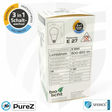 9 watt LED TRICOLOR Pure-Z NEO | 3in1 = 3 switchable light colors | bright like 80 watts, 850 lumens | CRI more than 90 | flicker-free | E27