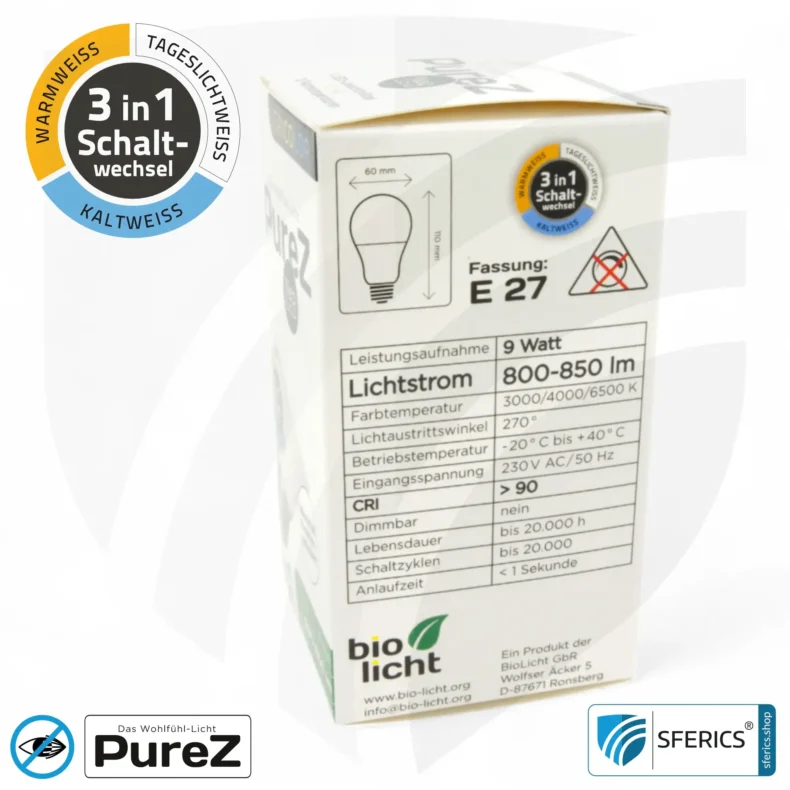 9 watt LED TRICOLOR Pure-Z NEO | 3in1 = 3 switchable light colors | bright like 80 watts, 850 lumens | CRI more than 90 | flicker-free | E27