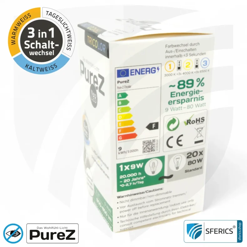 9 watt LED TRICOLOR Pure-Z NEO | 3in1 = 3 switchable light colors | bright like 80 watts, 850 lumens | CRI more than 90 | flicker-free | E27