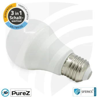 9 watt LED TRICOLOR Pure-Z NEO | 3in1 = 3 switchable light colors | bright like 80 watts, 850 lumens | CRI more than 90 | flicker-free | E27