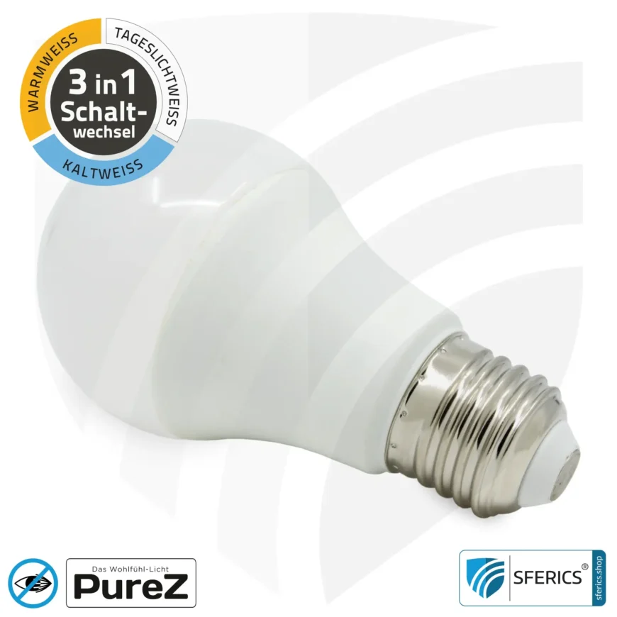 9 watt LED TRICOLOR Pure-Z NEO | 3in1 = 3 switchable light colors | bright like 80 watts, 850 lumens | CRI more than 90 | flicker-free | E27